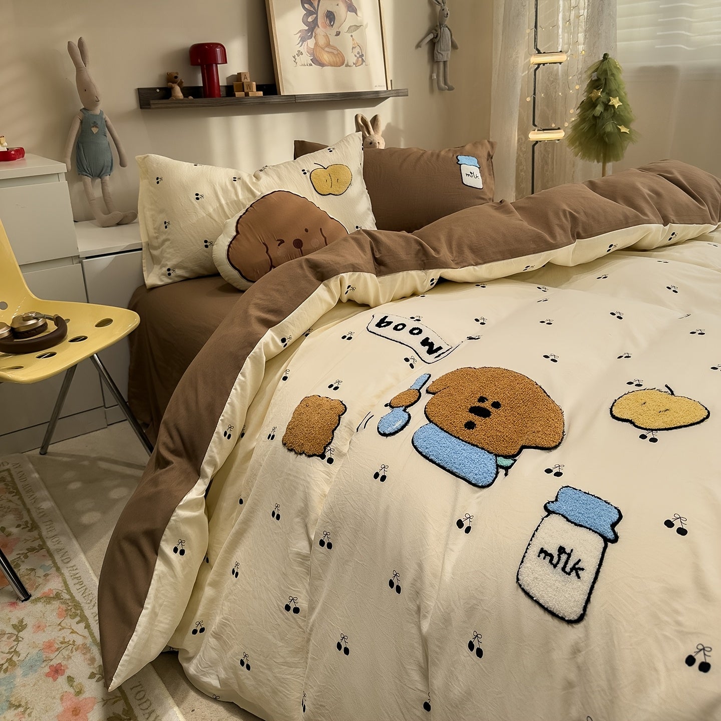 4pcs Cute Anime Cartoon Embroidered Duvet Cover Set (1 Duvet Cover + 1 Bed Sheet + 2 Pillowcases), Soft, Skin-Friendly, Breathable, Machine Washable, Suitable for Bedroom, Dorm, and Hotel Bedding Decor, All-Season Use - Four-Piece Bedding Set, Ideal