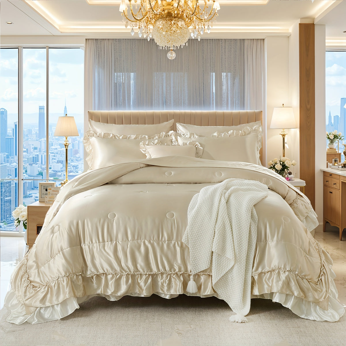 Beige Satin Comforter Set With Sheets, Queen\u002FKing Size Ruffled Bed Comforter 8pcs, Elegant Ruffle Room Decor Aesthetic Comforter King Bed In A Bag Set, Silky Like Satin Luxury Silky Bed Set For All Seasons