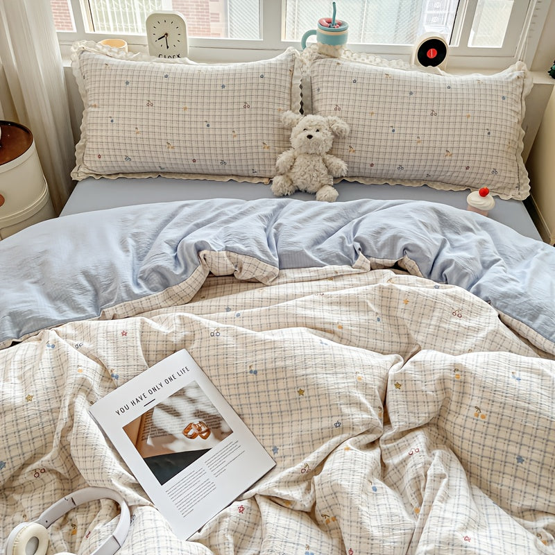 4pcs New Style Bedding, Cloud-Feel Crinkle Yarn Lace Design, Includes 1 Duvet Cover + 1 Flat Sheet + 2 Pillowcases, Fresh Country Style, Skin-Friendly and Breathable, Soft and Gentle, Printing and Dyeing, Delicate Touch, Suitable for Dormitories