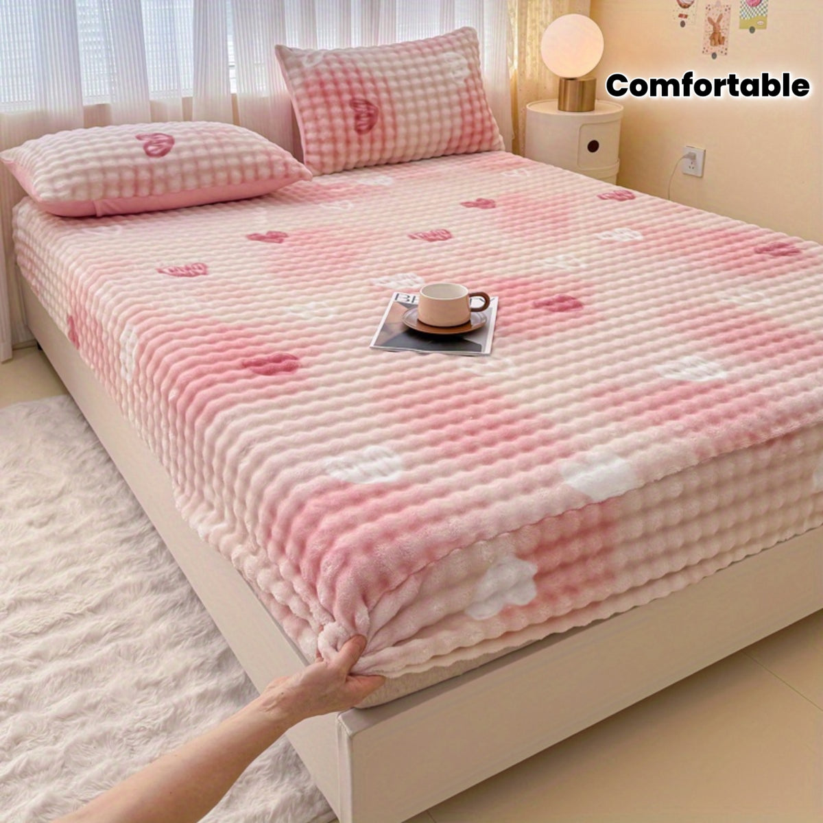3pcs Heart Pattern Fitted Sheet Set, Soft, Comfortable, and Skin-friendly Fitted Sheet, Suitable for Bedrooms and Guest Rooms (1 Fitted Sheet, 2 Pillowcases, Does Not Include Inserts)